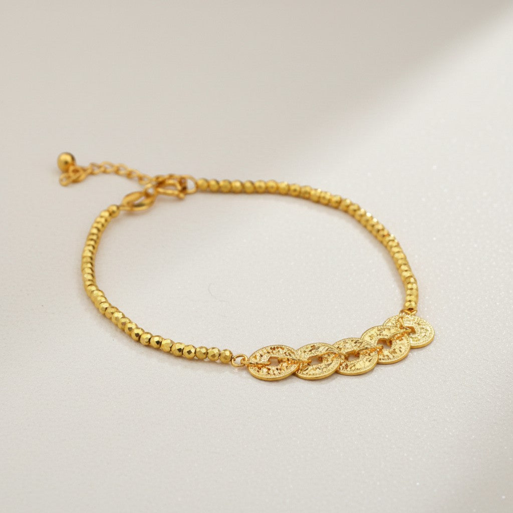 18K Gold Five Emperor Coins Charm with Beads Bracelet