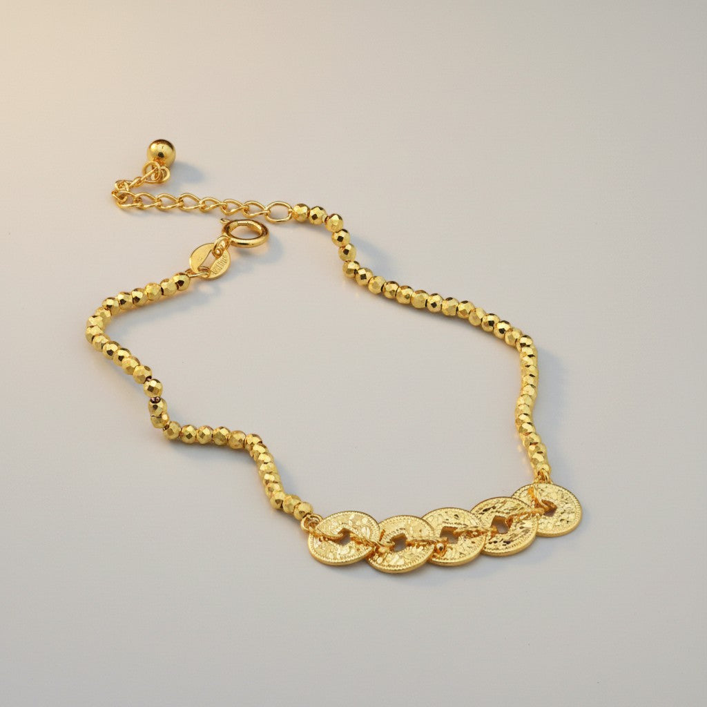 18K Gold Five Emperor Coins Charm with Beads Bracelet