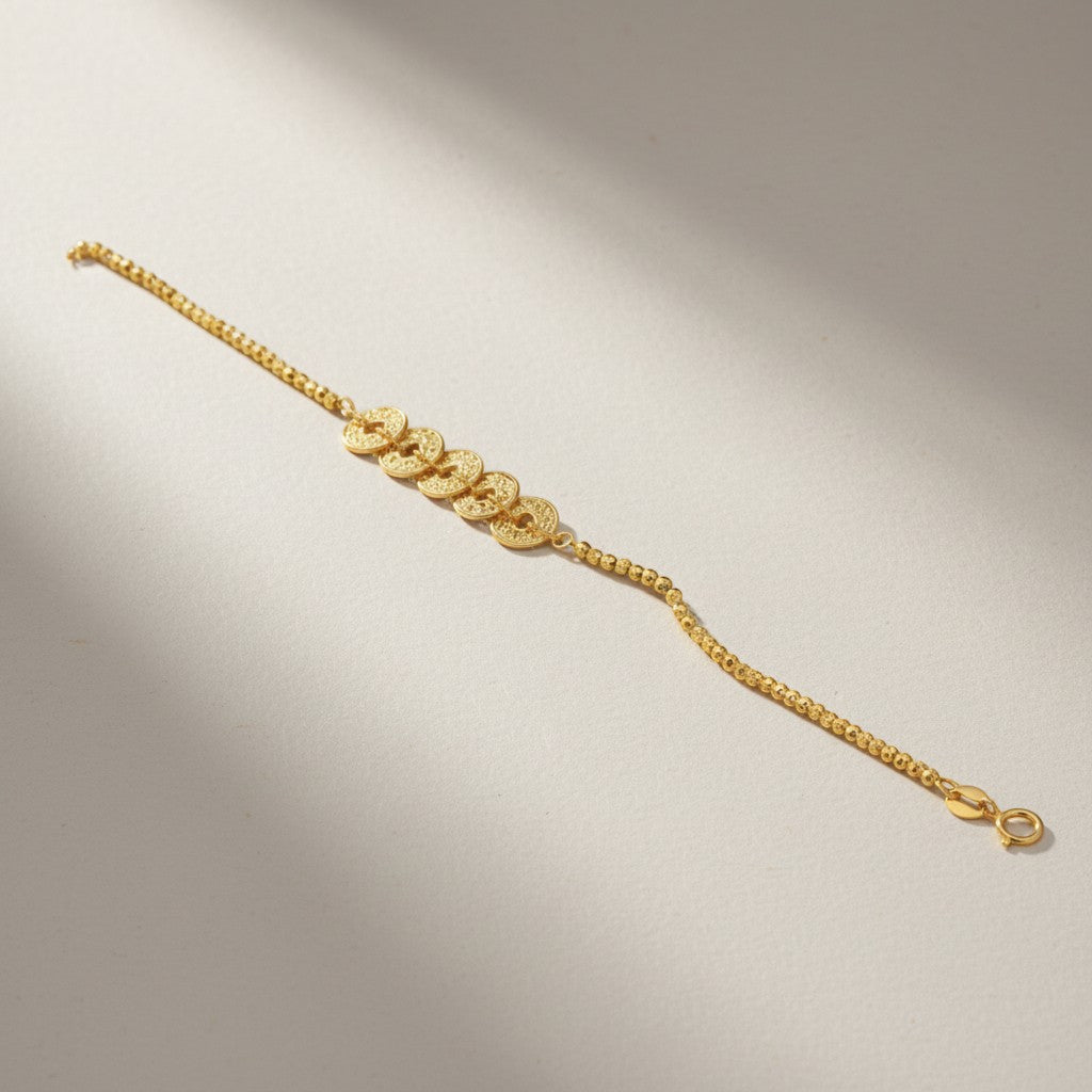 18K Gold Five Emperor Coins Charm with Beads Bracelet