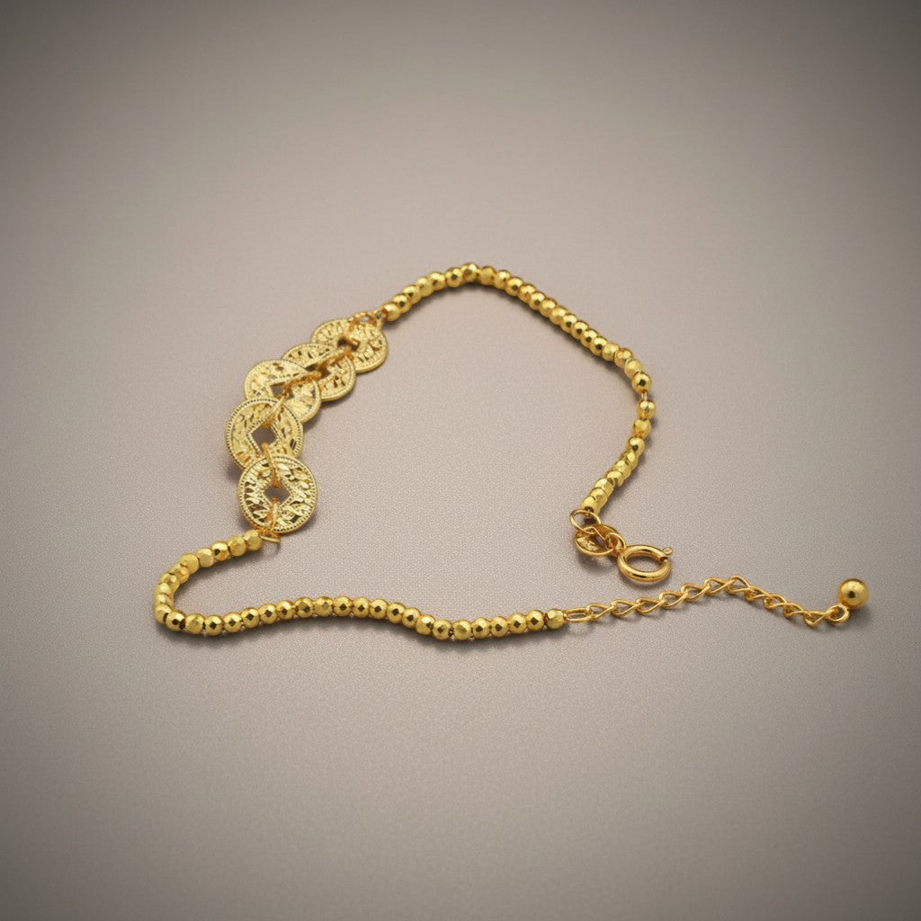 18K Gold Five Emperor Coins Charm with Beads Bracelet