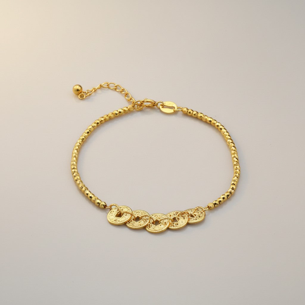 18K Gold Five Emperor Coins Charm with Beads Bracelet