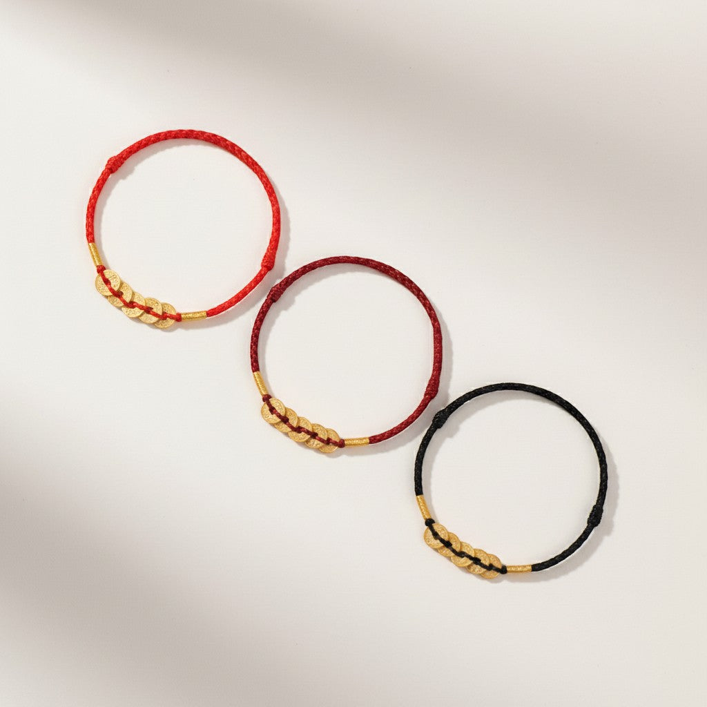 24k Solid 999 Gold Five Emperors Coins Red Rope Bracelet for Men and Women