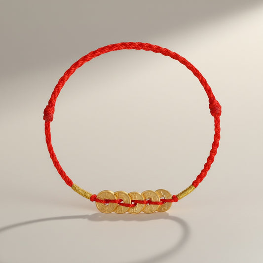 24k Solid 999 Gold Five Emperors Coins Red Rope Bracelet for Men and Women