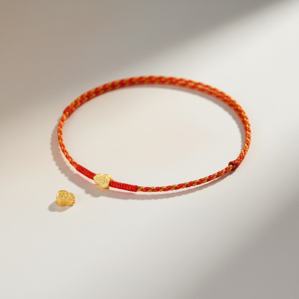 24K 999 Gold Lucky Gourd Charm Red Rope Braided Bracelet Anklet