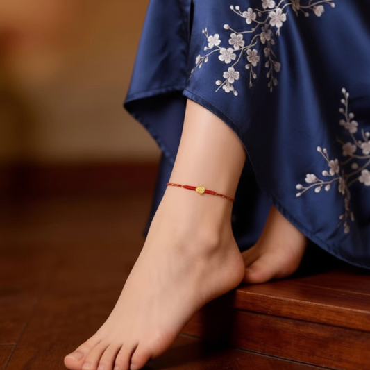 24K 999 Gold Lucky Gourd Charm Red Rope Braided Bracelet Anklet