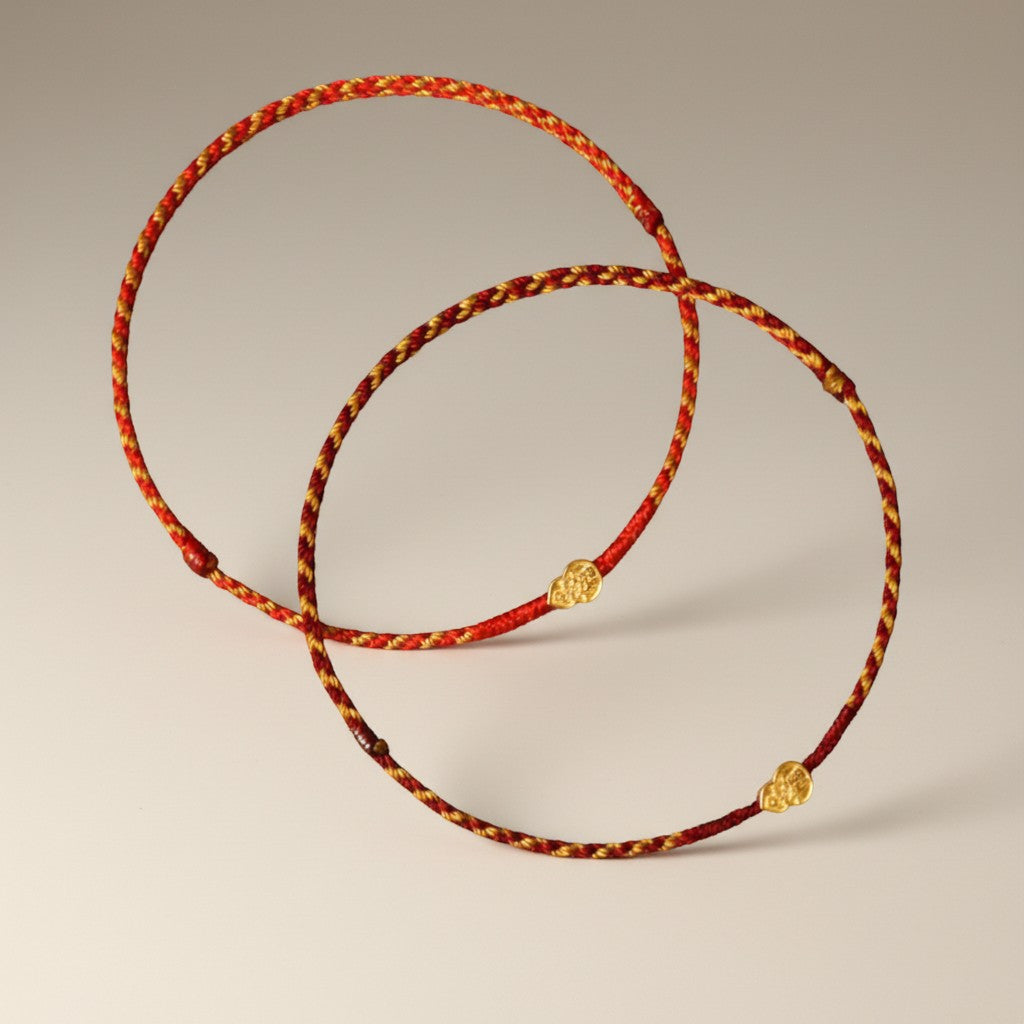 24K 999 Gold Lucky Gourd Charm Red Rope Braided Bracelet Anklet