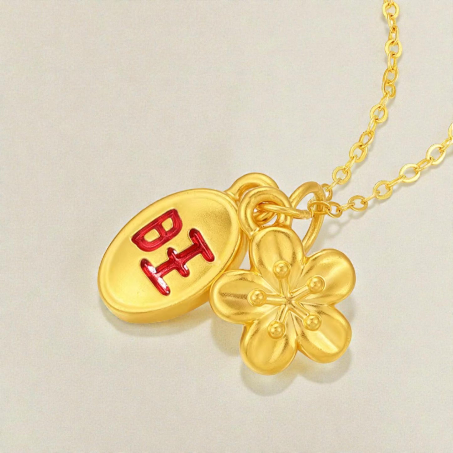 24K 5D Gold Chinese Blessing Enamel Good Fortune Charm Peach Blossom Pendant