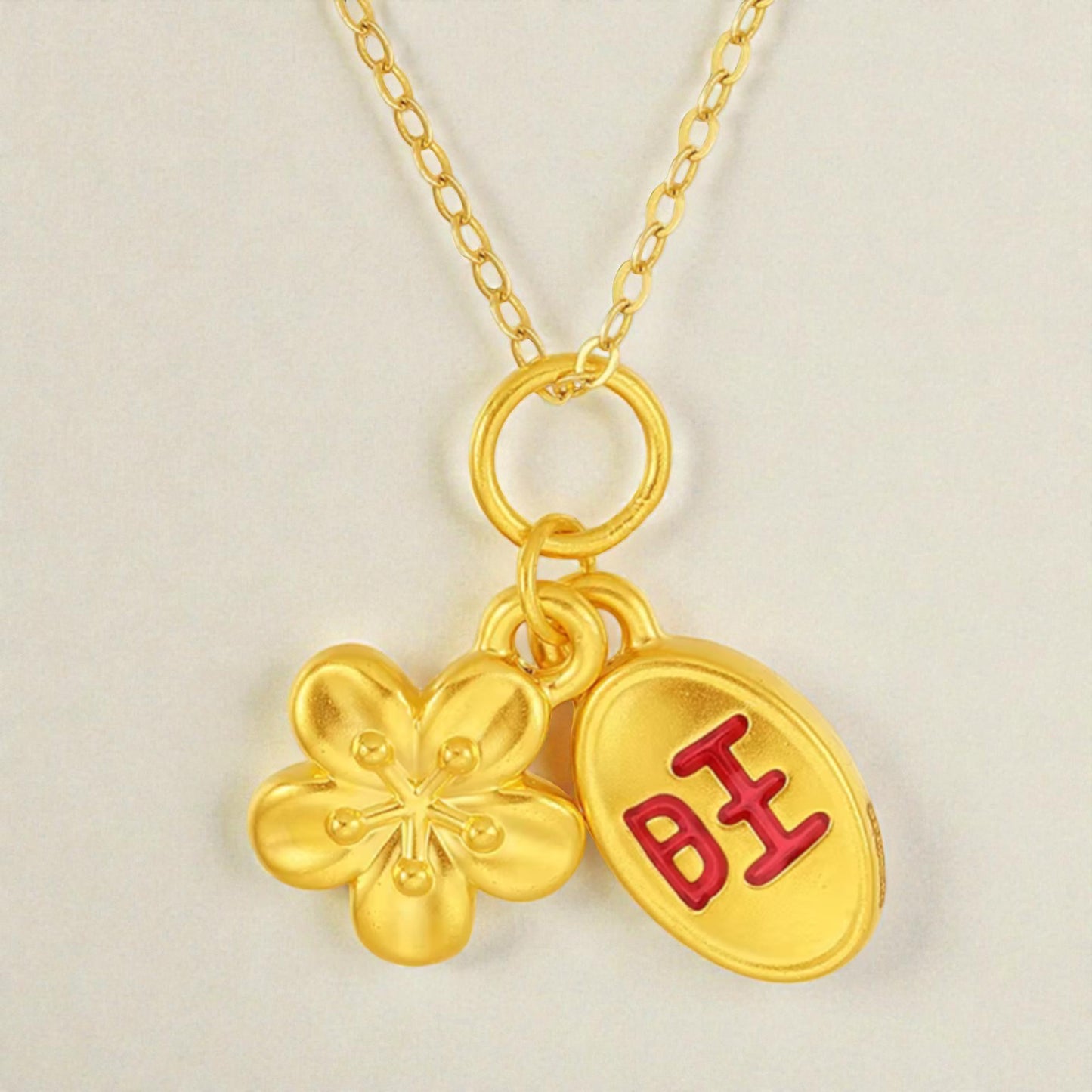 24K 5D Gold Chinese Blessing Enamel Good Fortune Charm Peach Blossom Pendant