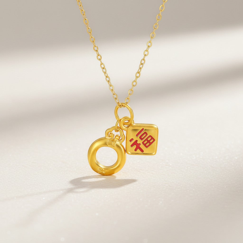 24K 5D Gold Chinese Blessing Enamel Good Fortune Charm Peach Blossom Pendant