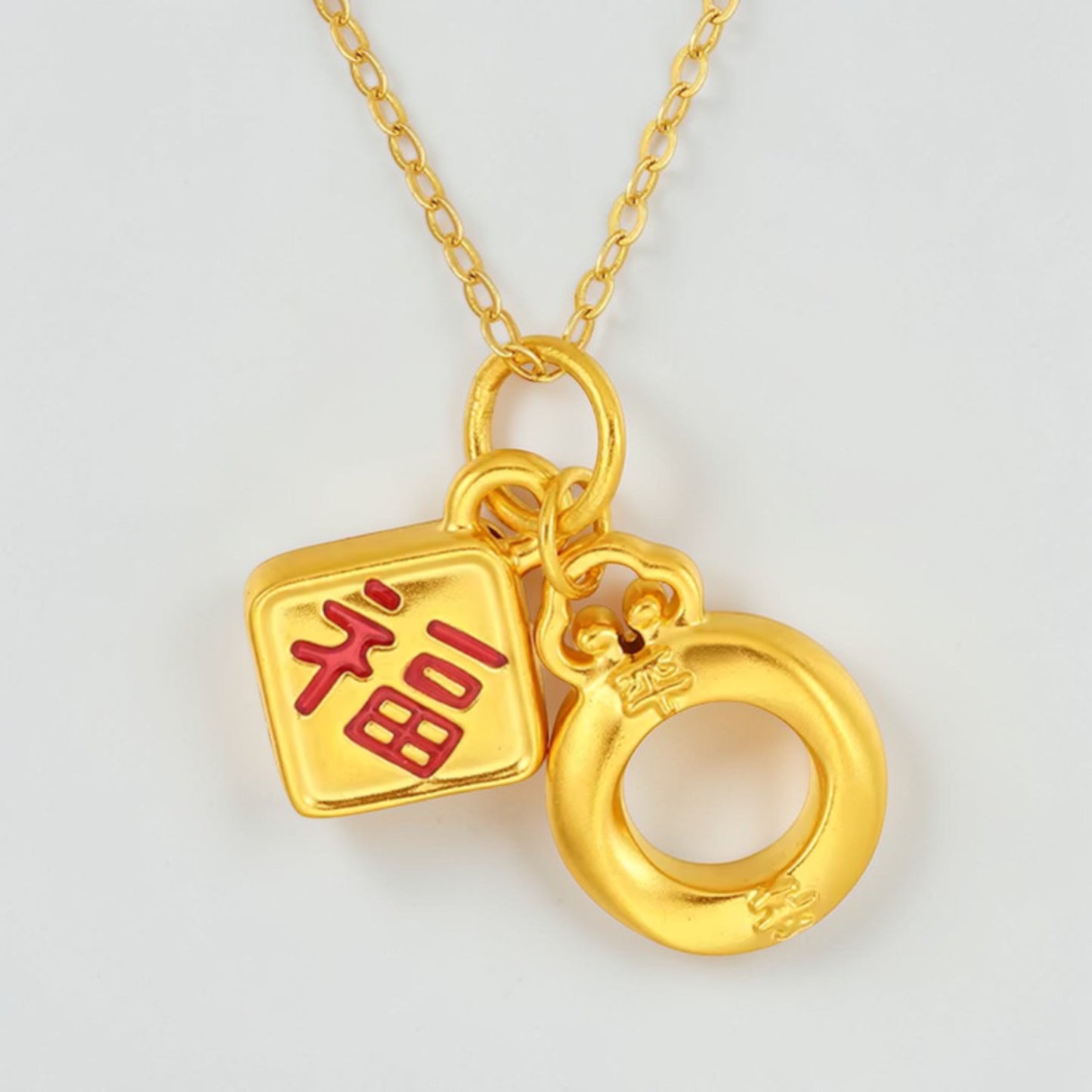 24K 5D Gold Chinese Blessing Enamel Good Fortune Charm Peach Blossom Pendant