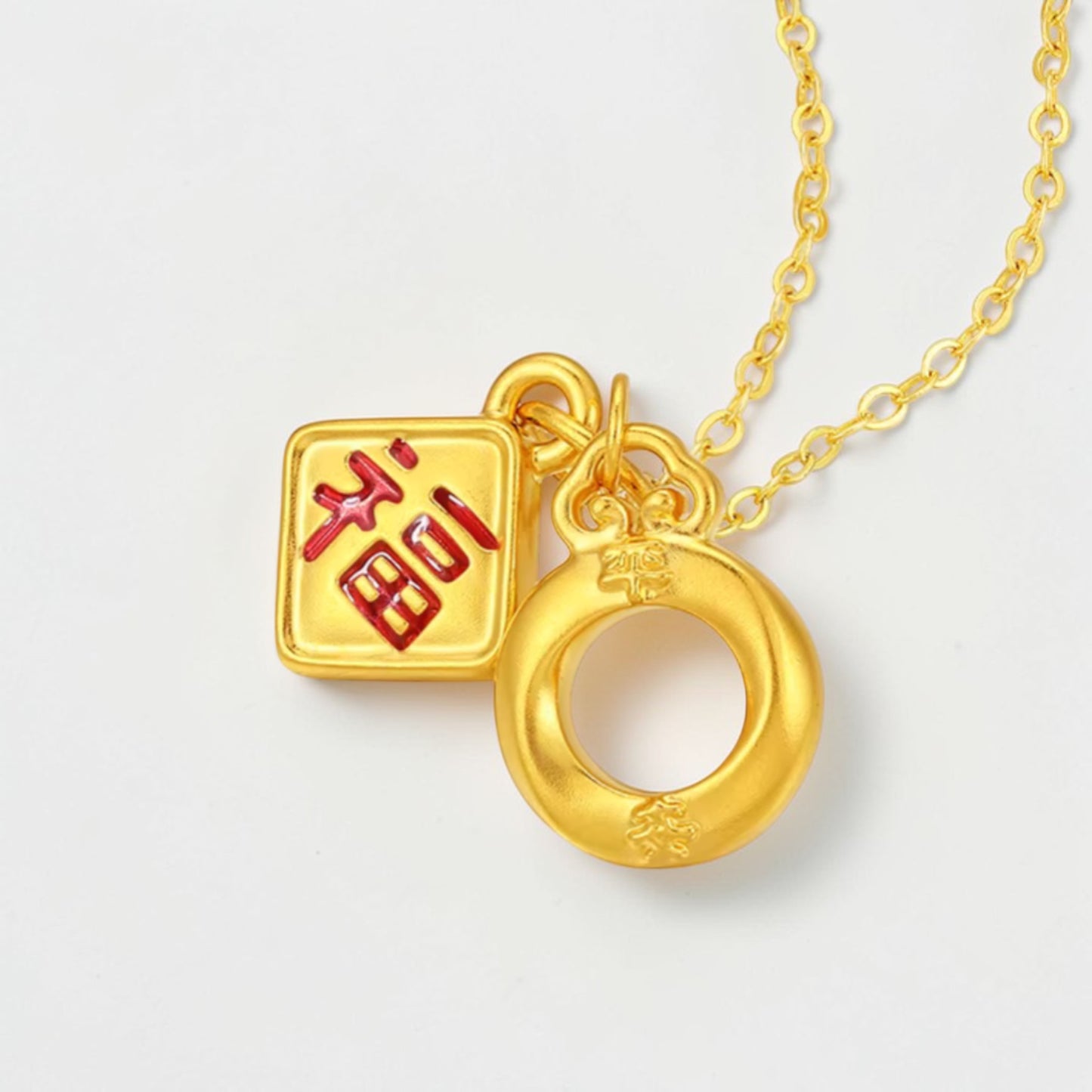 24K 5D Gold Chinese Blessing Enamel Good Fortune Charm Peach Blossom Pendant