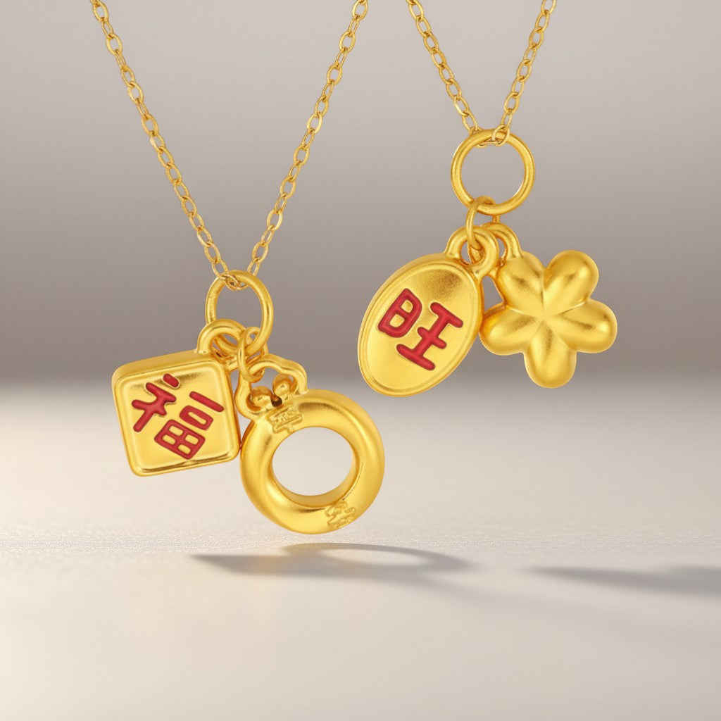 24K 5D Gold Chinese Blessing Enamel Good Fortune Charm Peach Blossom Pendant