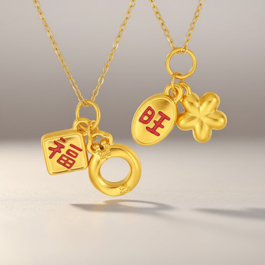 24K 5D Gold Chinese Blessing Enamel Good Fortune Charm Peach Blossom Pendant