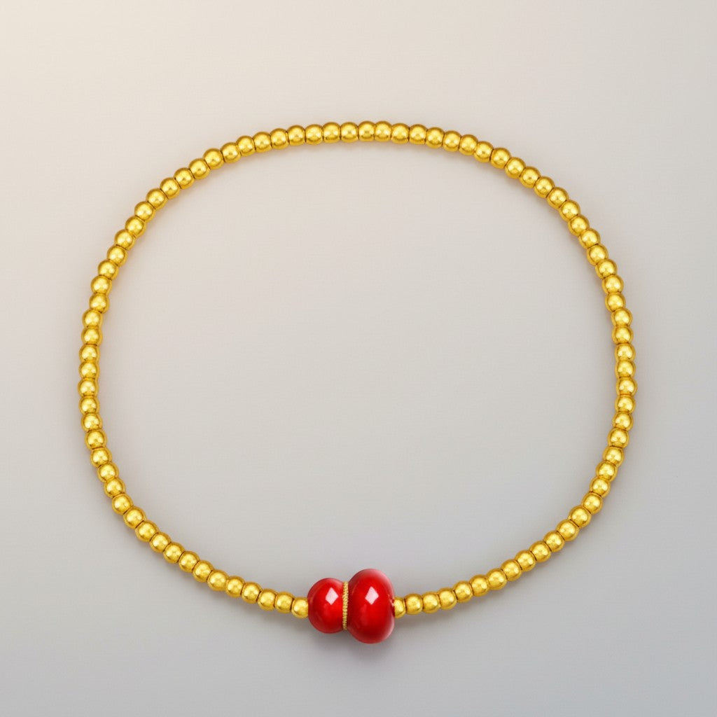 24K 5D Hard Gold Red Enamel Gourd Charm Beads Bracelet