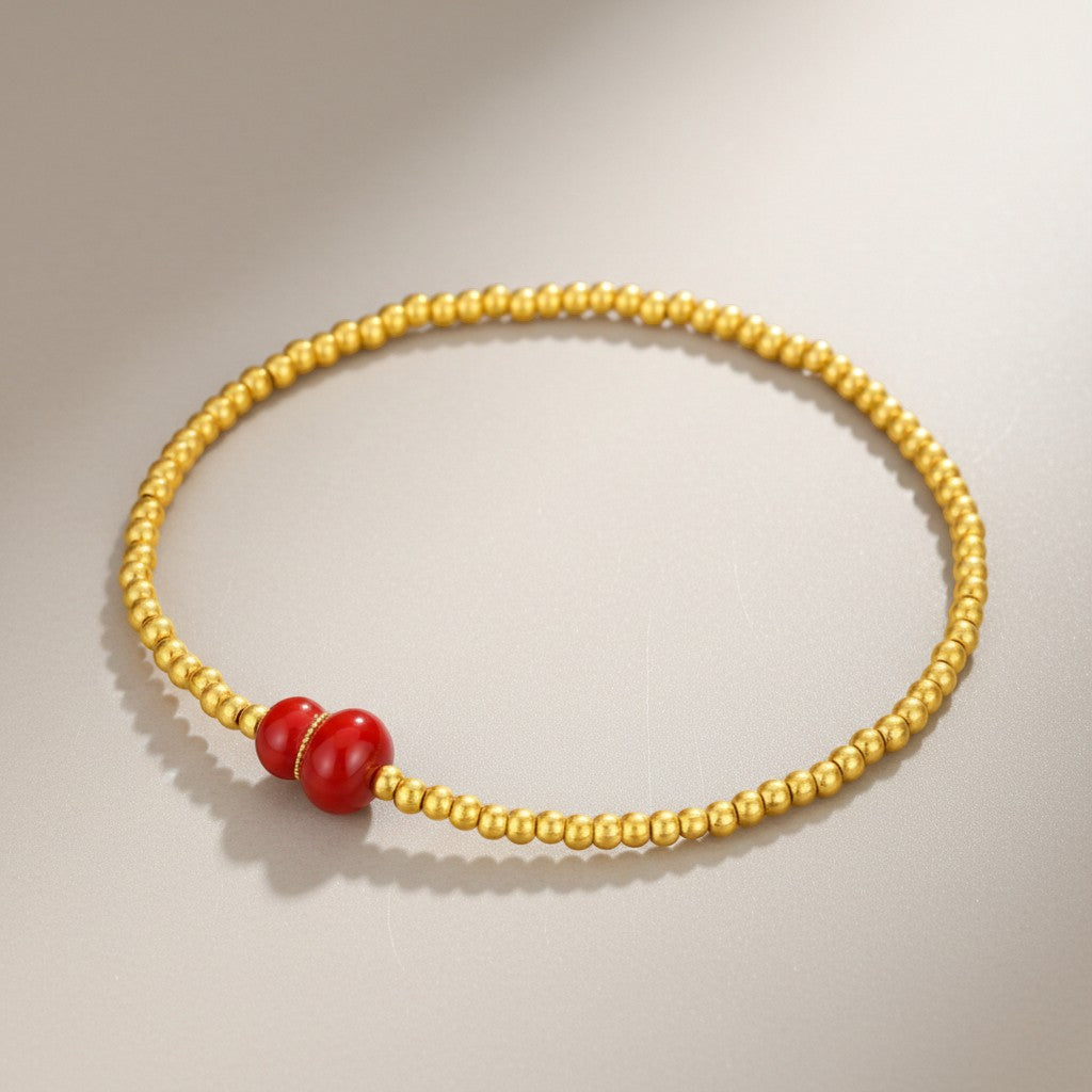 24K 5D Hard Gold Red Enamel Gourd Charm Beads Bracelet