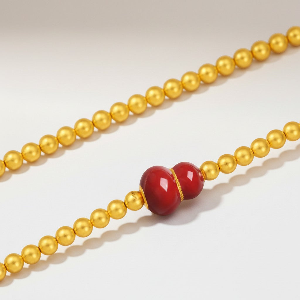 24K 5D Hard Gold Red Enamel Gourd Charm Beads Bracelet