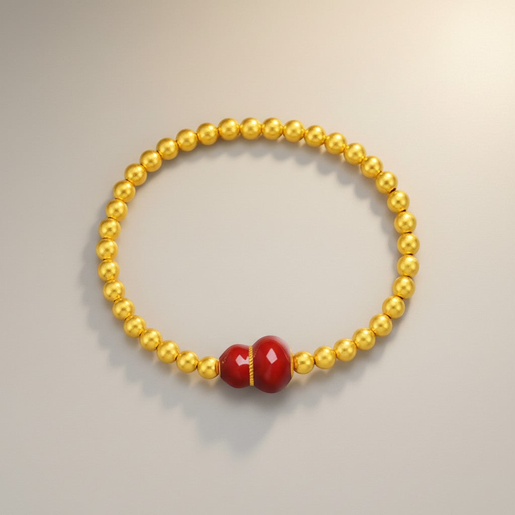 24K 5D Hard Gold Red Enamel Gourd Charm Beads Bracelet
