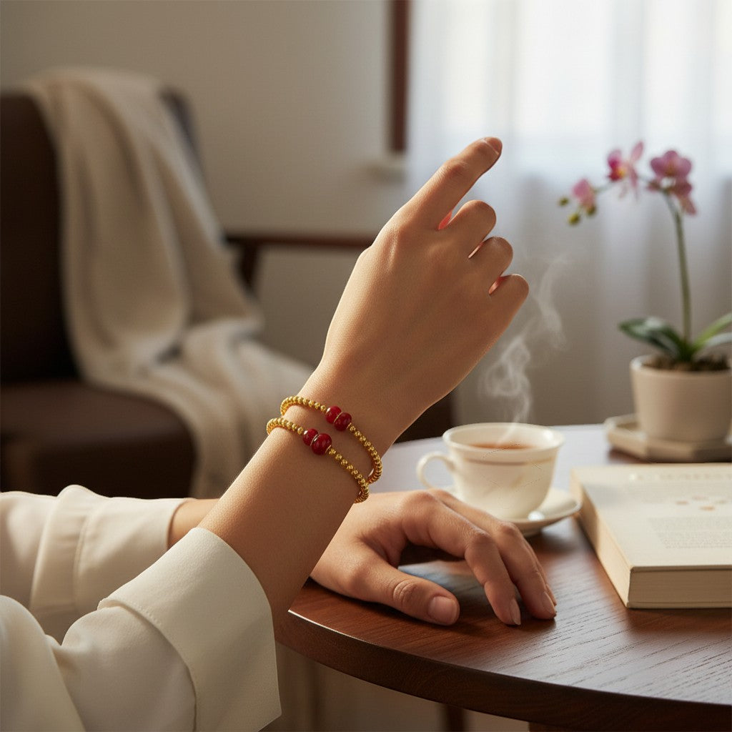 24K 5D Hard Gold Red Enamel Gourd Charm Beads Bracelet