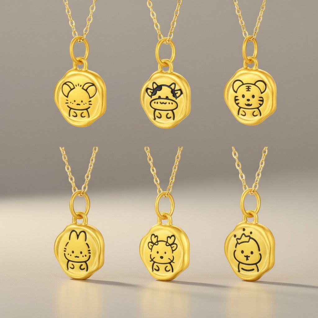 24K 5D Hard Gold Chinese Zodiac Cute Enamel Animals Charm Pendant