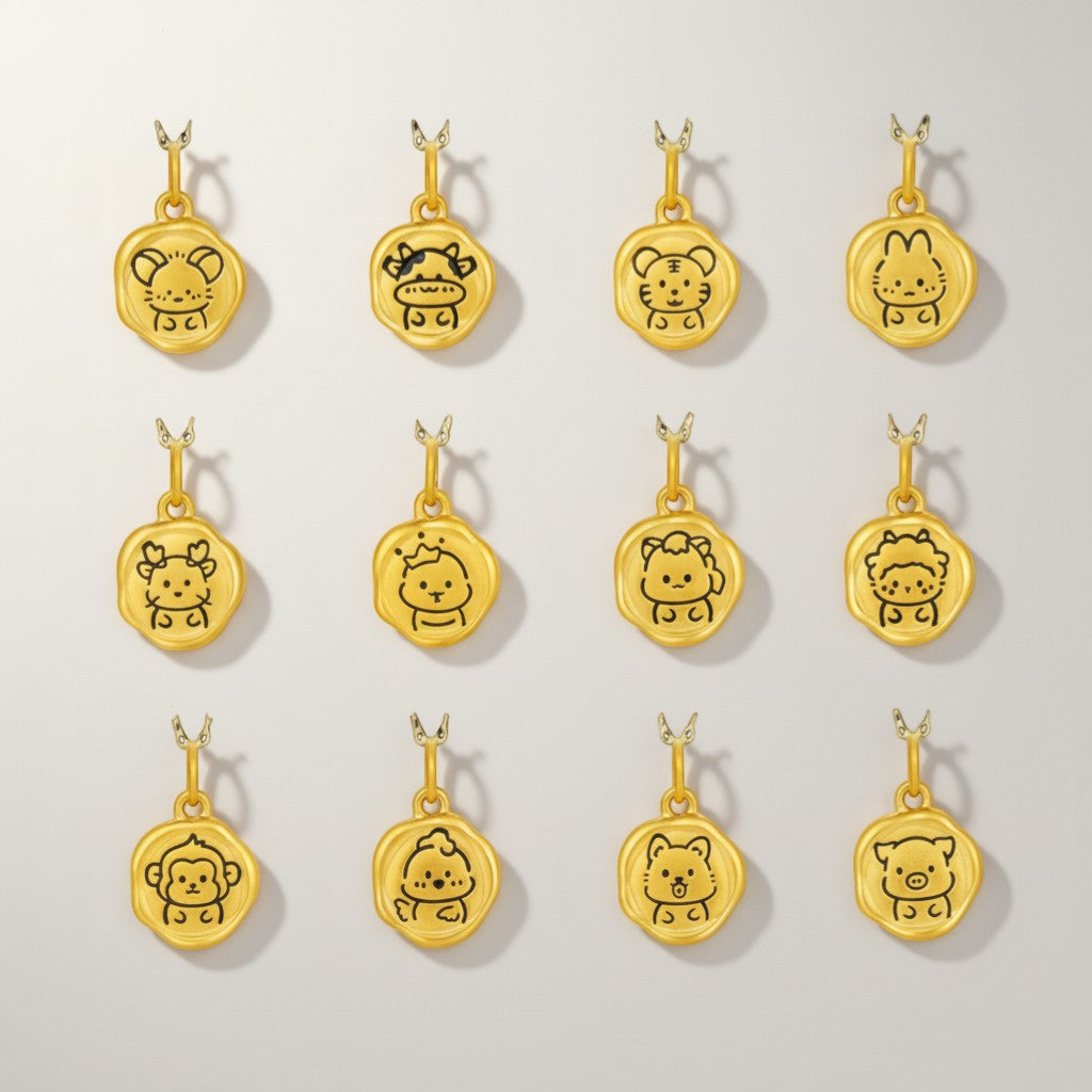 24K 5D Hard Gold Chinese Zodiac Cute Enamel Animals Charm Pendant