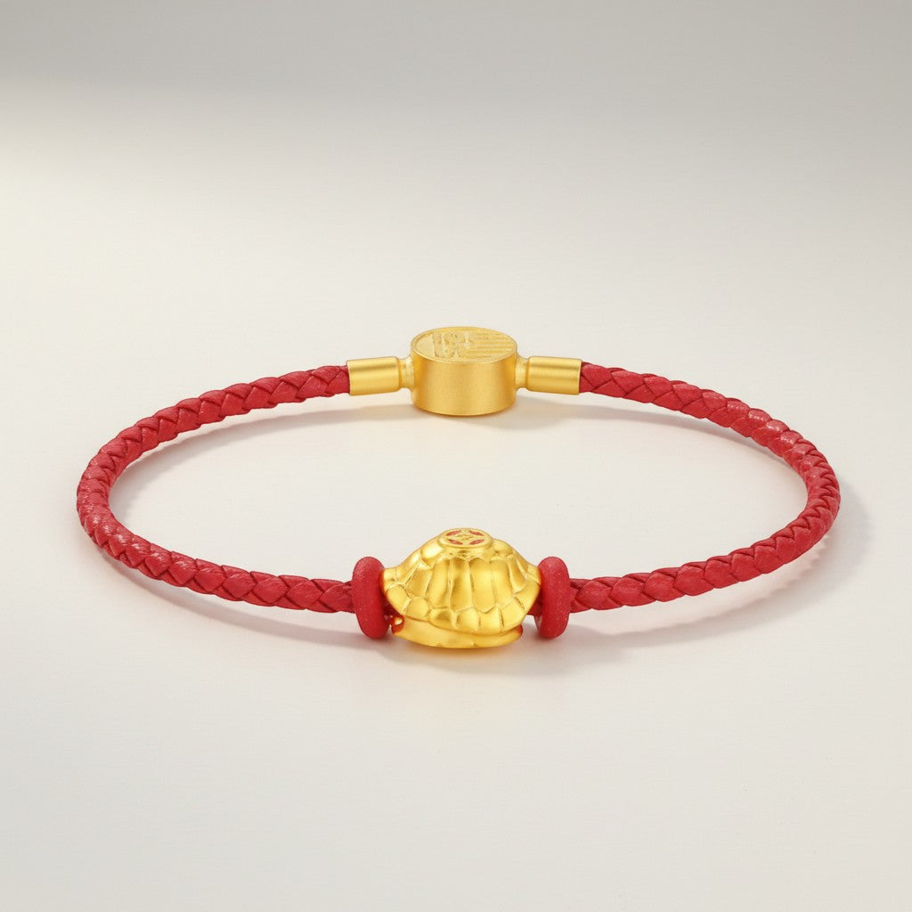 24K 5D Hard Gold Enamel Turtle Good Luck Charm Beads Braided Bracelet