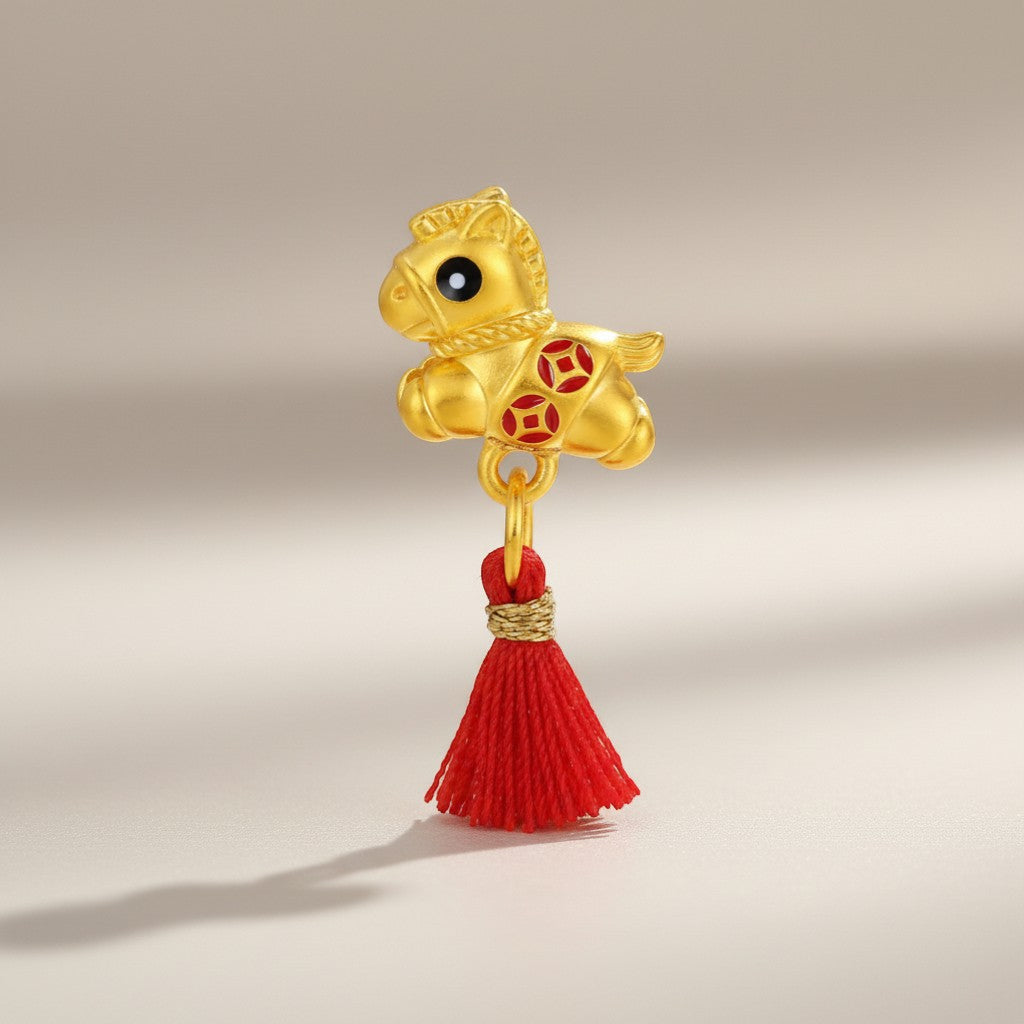 24K 5D Gold Enamel Horse Charm with Tassel Pendant