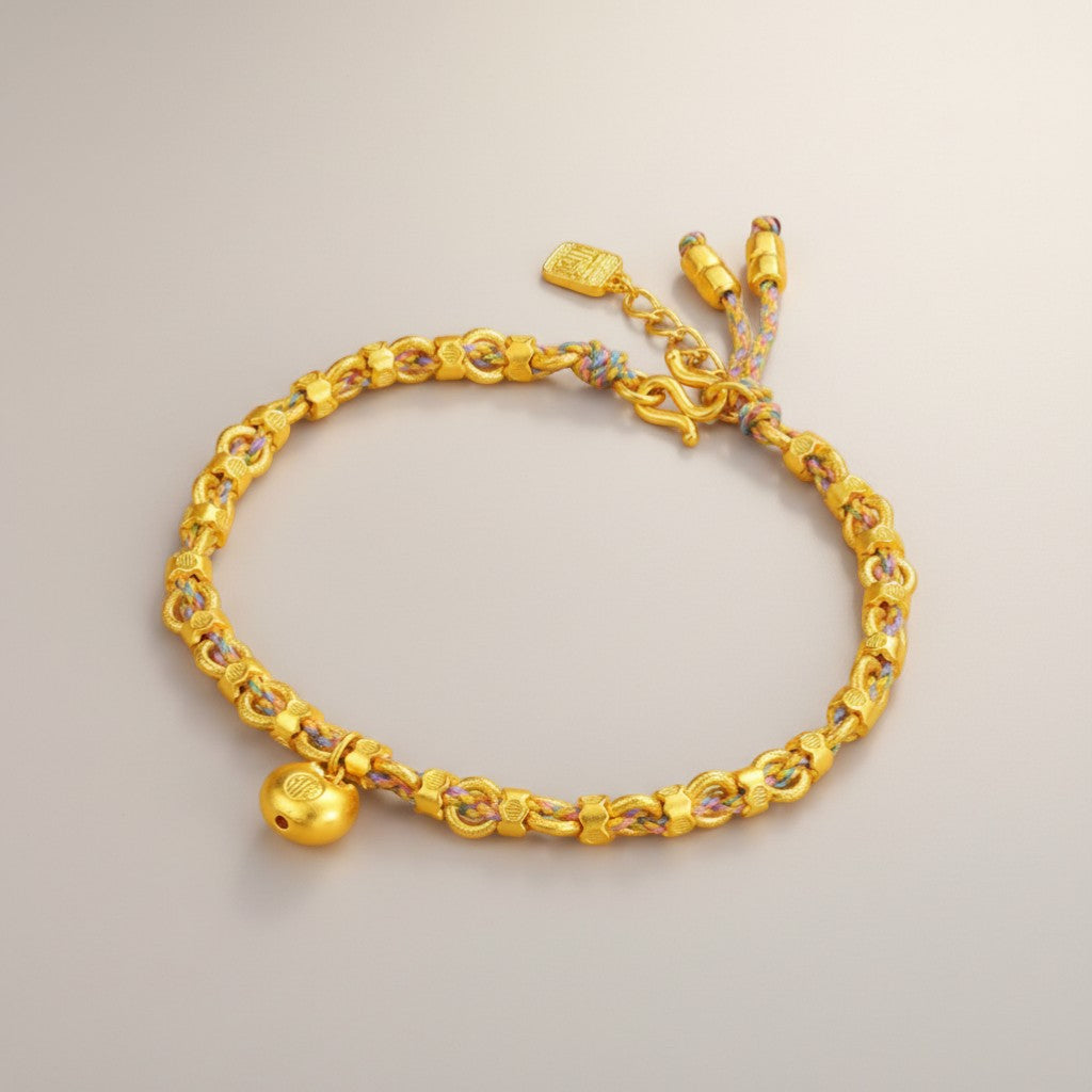 24K 999 Gold Chinese Blessing Lock Charm Braided Bracelet
