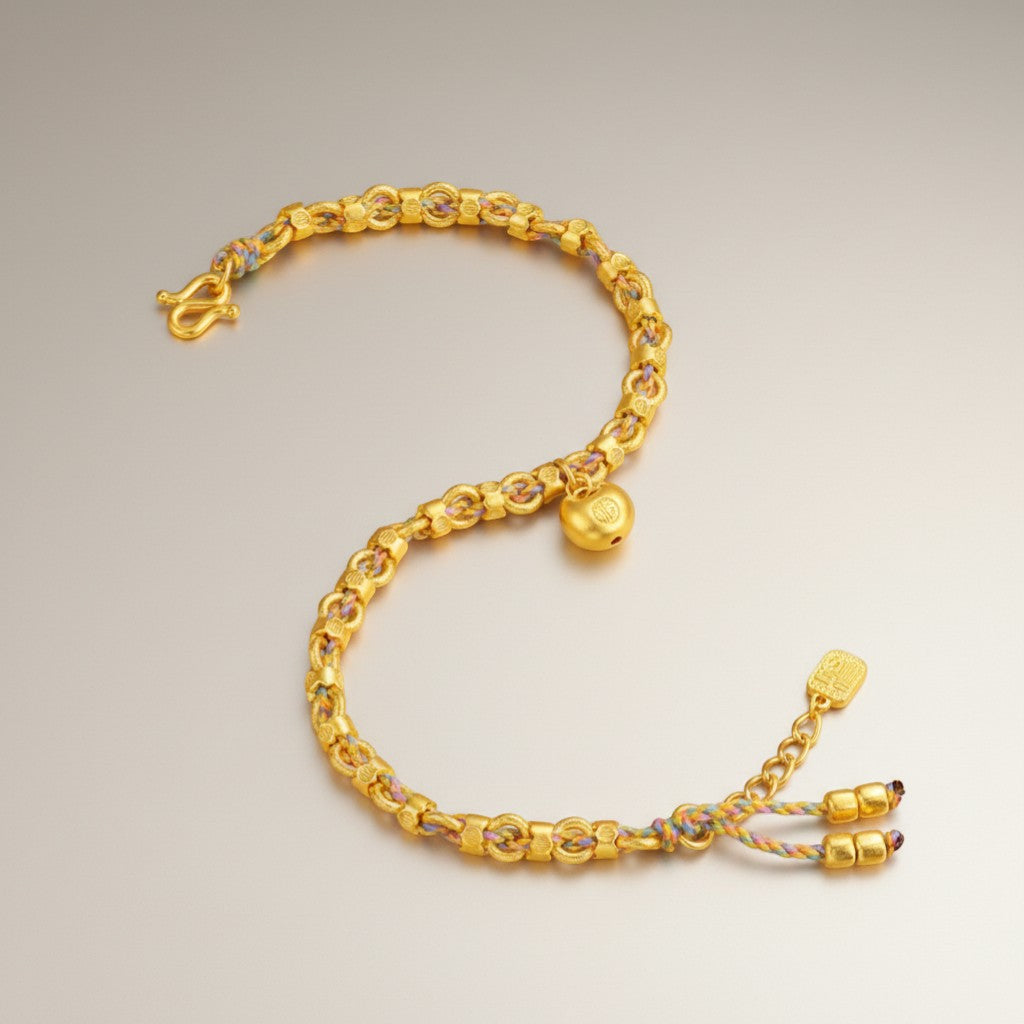 24K 999 Gold Chinese Blessing Lock Charm Braided Bracelet