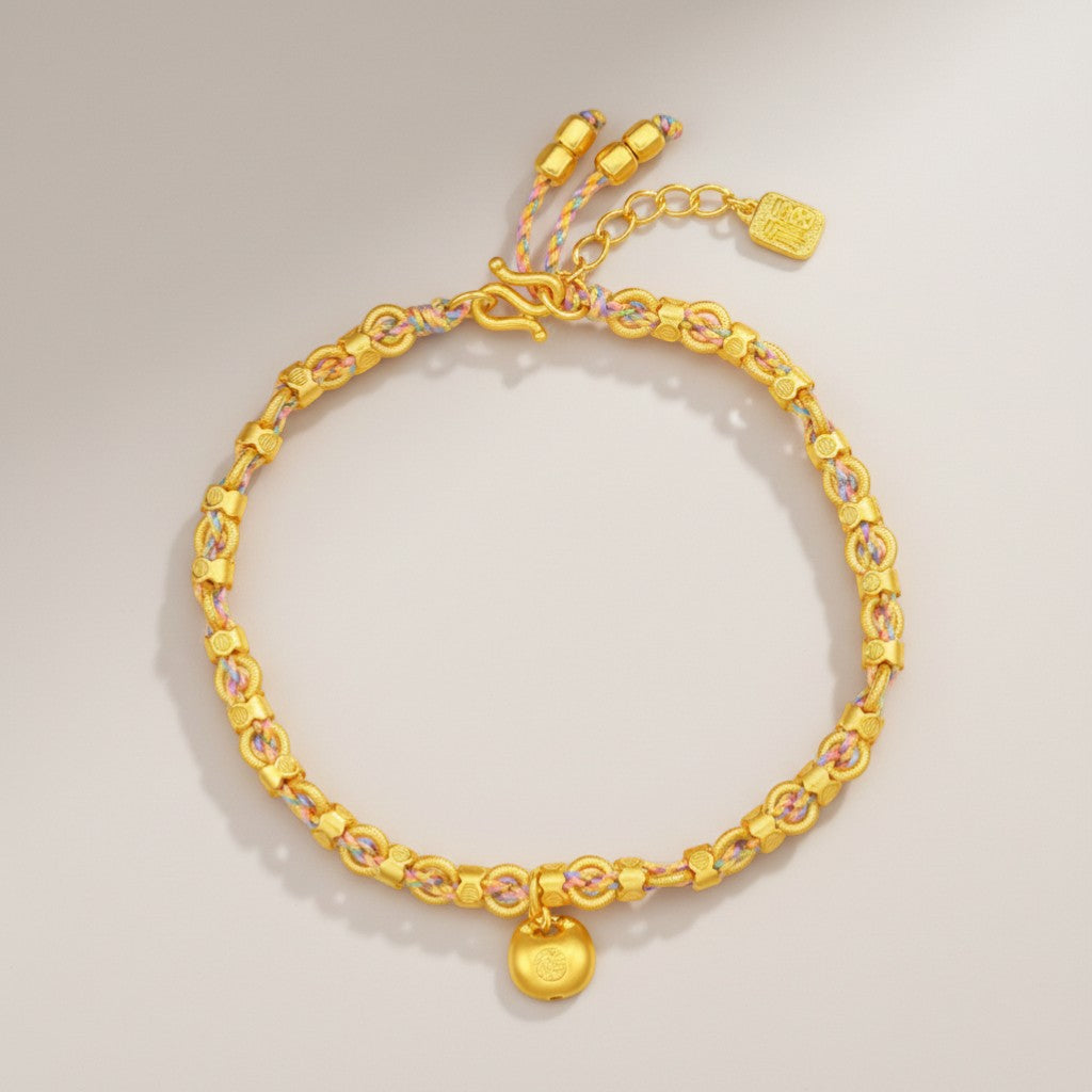 24K 999 Gold Chinese Blessing Lock Charm Braided Bracelet