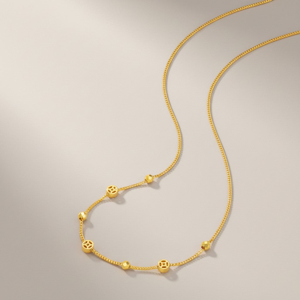 24K 5G Gold Chinese Coins Disco Beads Chain Necklace