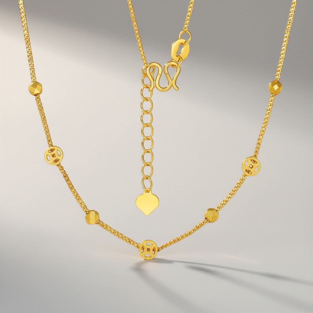 24K 5G Gold Chinese Coins Disco Beads Chain Necklace