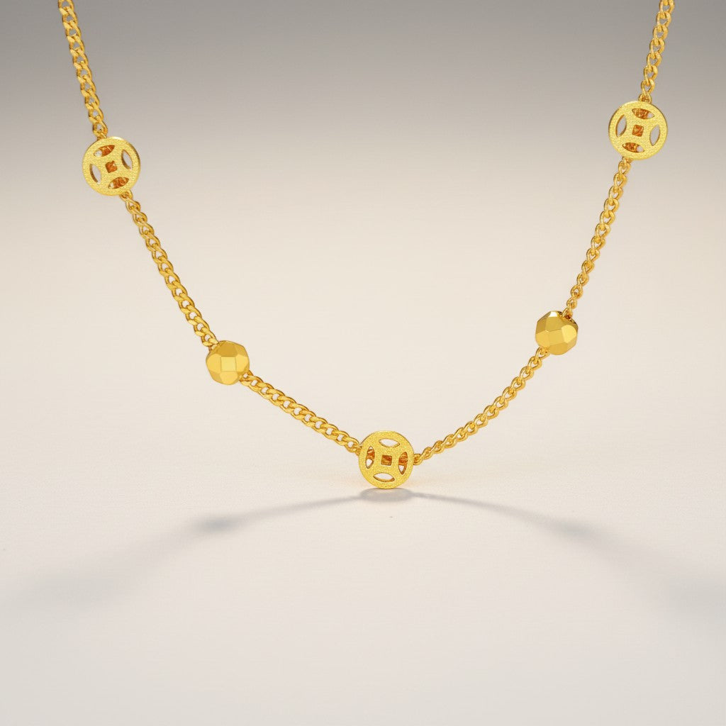 24K 5G Gold Chinese Coins Disco Beads Chain Necklace