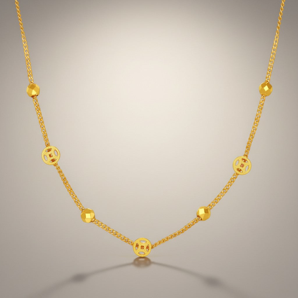 24K 5G Gold Chinese Coins Disco Beads Chain Necklace