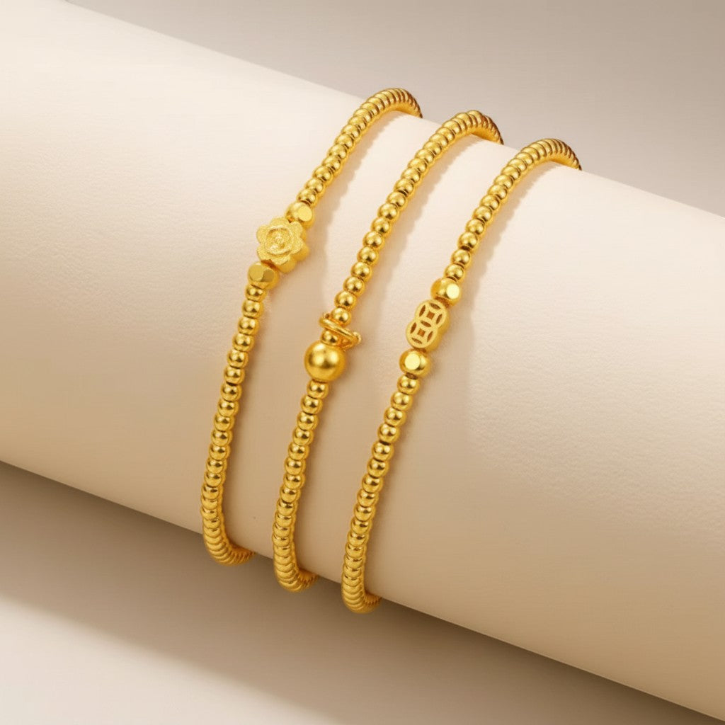 24K Gold Flower Coin Charm Beads Bracelet