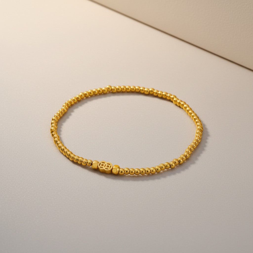 24K Gold Flower Coin Charm Beads Bracelet
