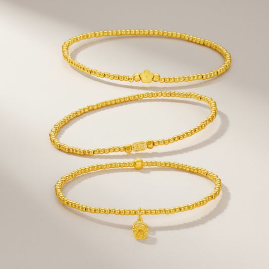 24K Gold Flower Coin Charm Beads Bracelet