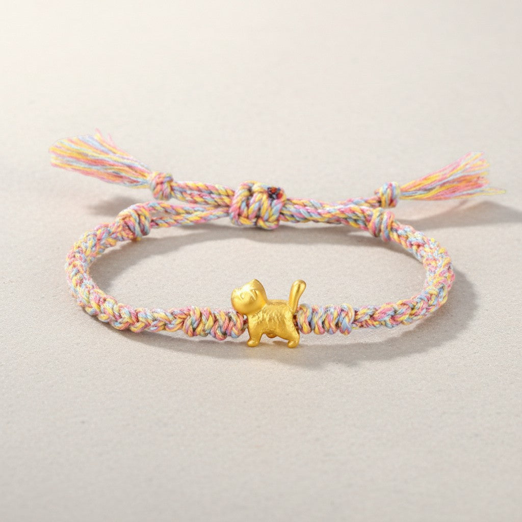 24K Gold Cute Kitty Cat Charm with Rope Braided Adjustable Bracelet