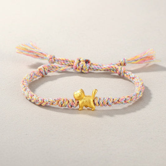 24K Gold Cute Kitty Cat Charm with Rope Braided Adjustable Bracelet