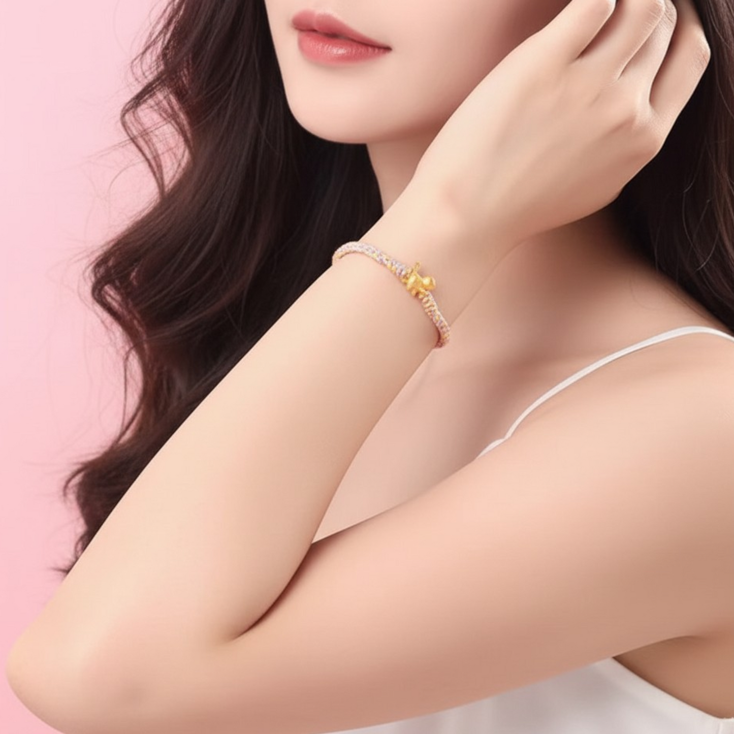 24K Gold Cute Kitty Cat Charm with Rope Braided Adjustable Bracelet