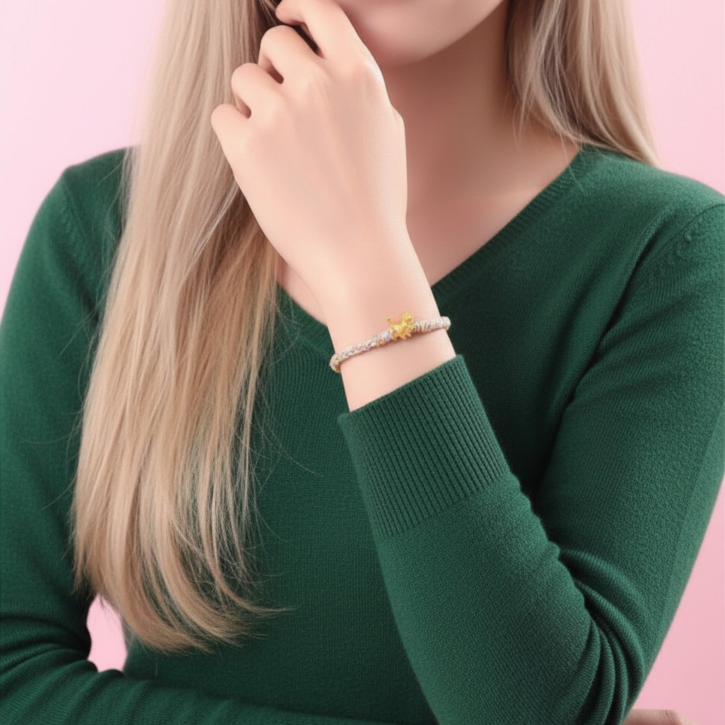 24K Gold Cute Kitty Cat Charm with Rope Braided Adjustable Bracelet