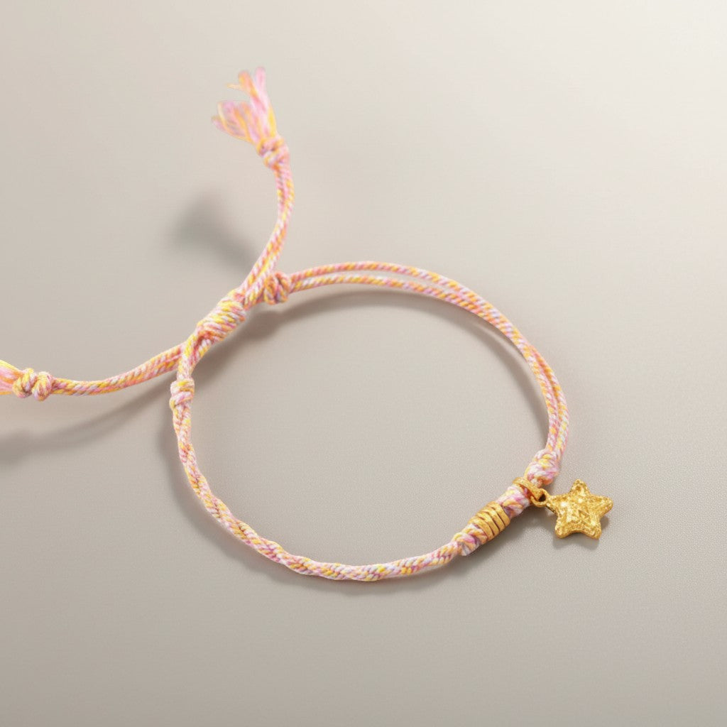 24K Gold Moissanite Star Charm Braided Adjustable Pink Bracelet