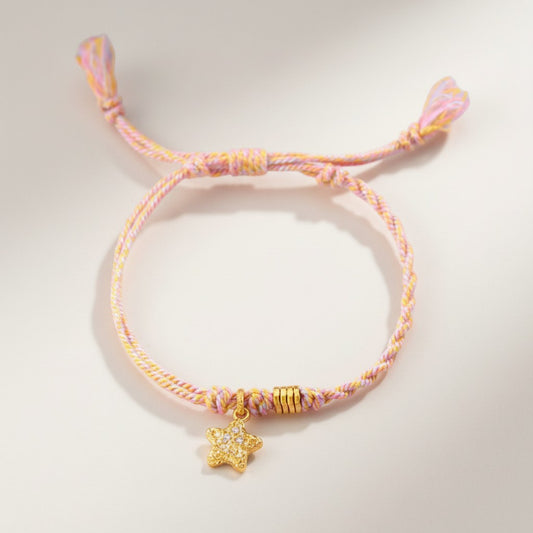24K Gold Moissanite Star Charm Braided Adjustable Pink Bracelet