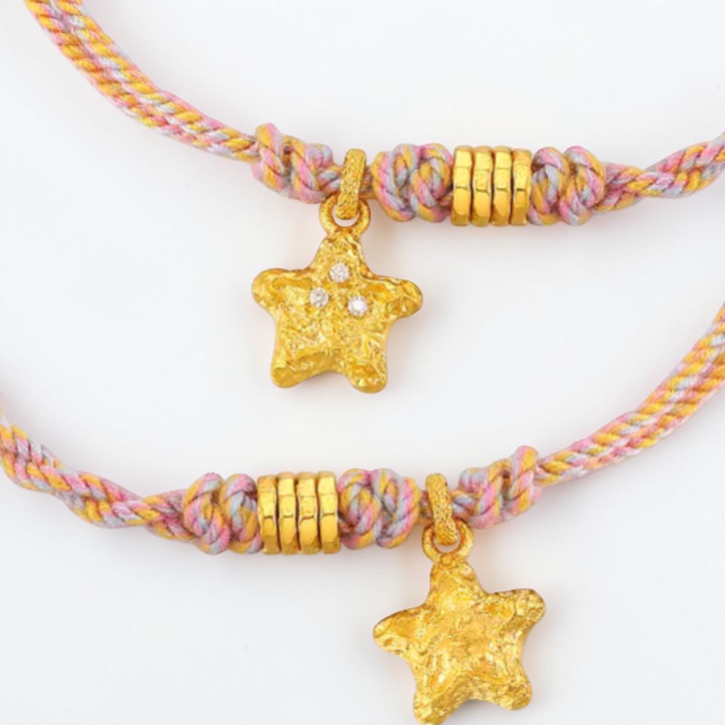 24K Gold Moissanite Star Charm Braided Adjustable Pink Bracelet