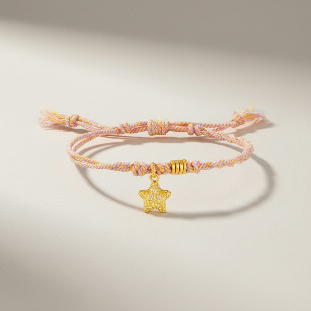 24K Gold Moissanite Star Charm Braided Adjustable Pink Bracelet