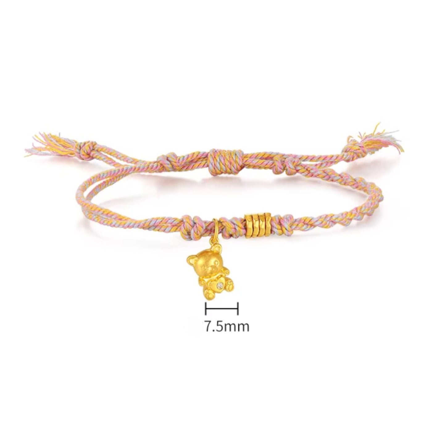 24K Gold Moissanite Teddy Bear Charm Braided Adjustable Pink Bracelet