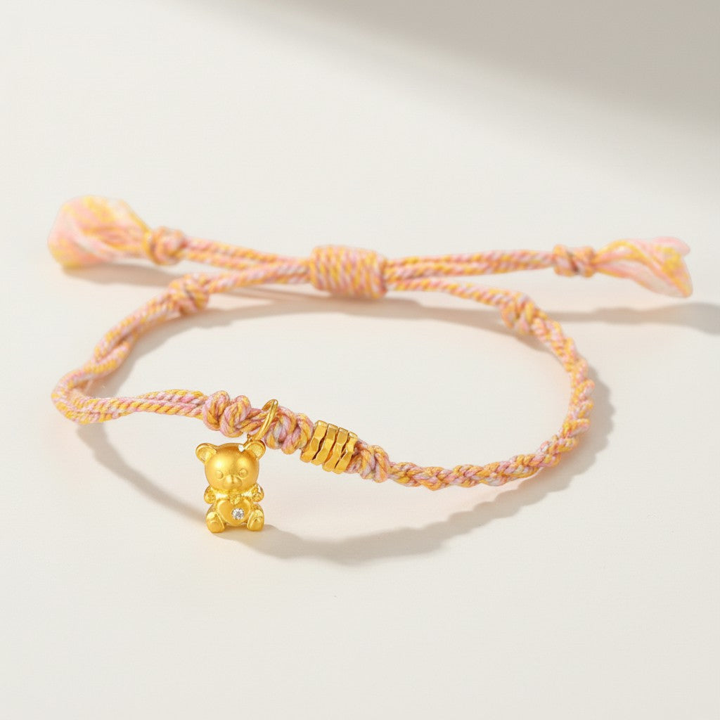 24K Gold Moissanite Teddy Bear Charm Braided Adjustable Pink Bracelet