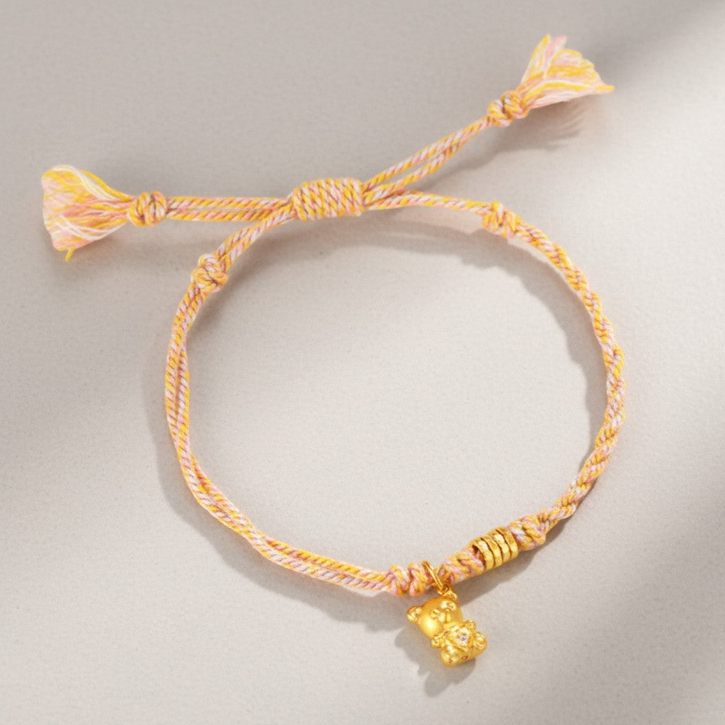 24K Gold Moissanite Teddy Bear Charm Braided Adjustable Pink Bracelet