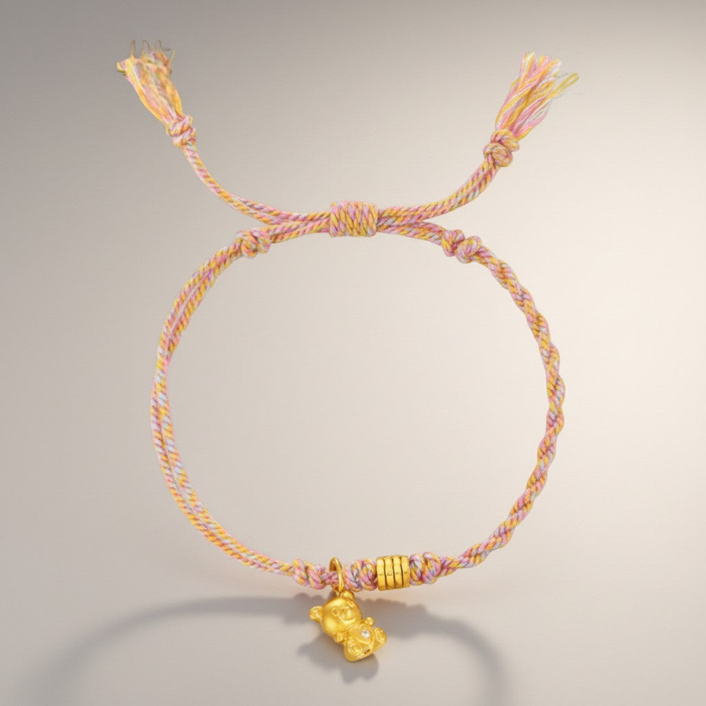 24K Gold Moissanite Teddy Bear Charm Braided Adjustable Pink Bracelet