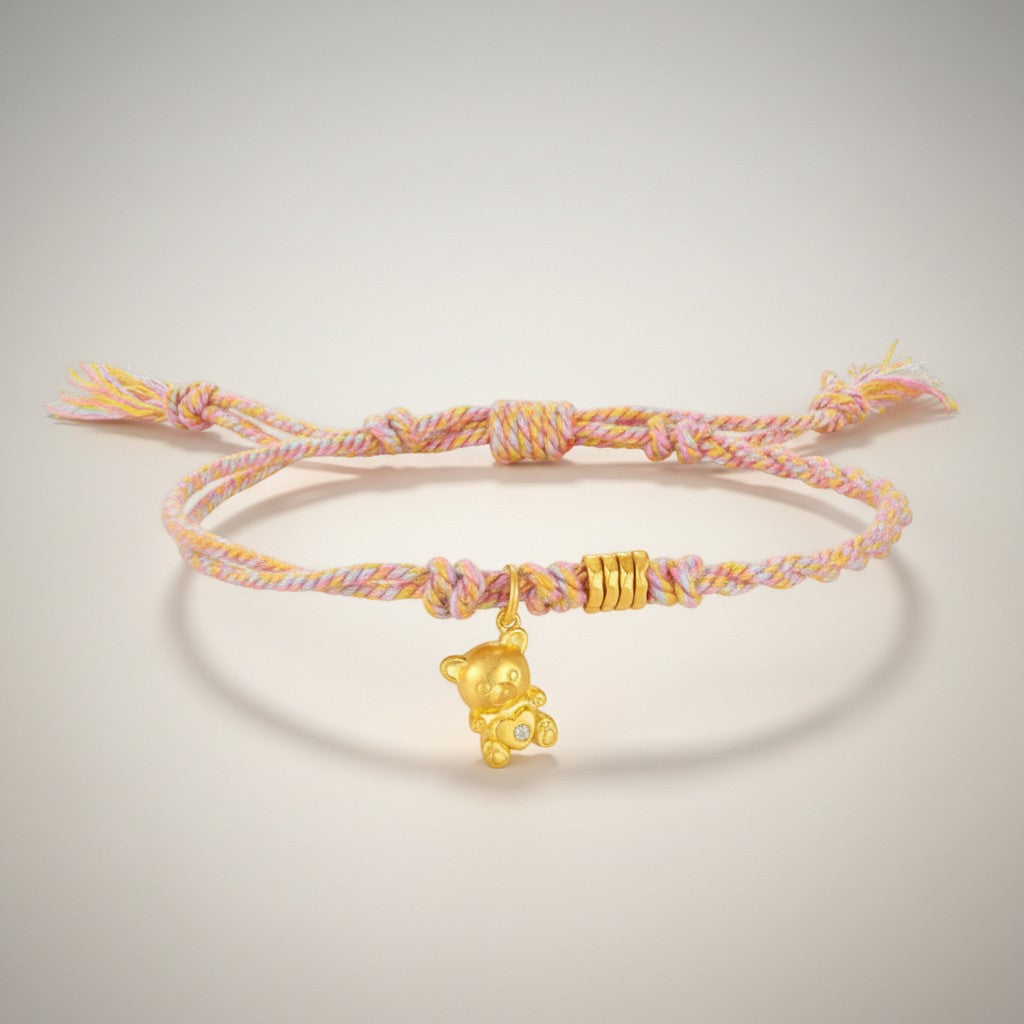 24K Gold Moissanite Teddy Bear Charm Braided Adjustable Pink Bracelet