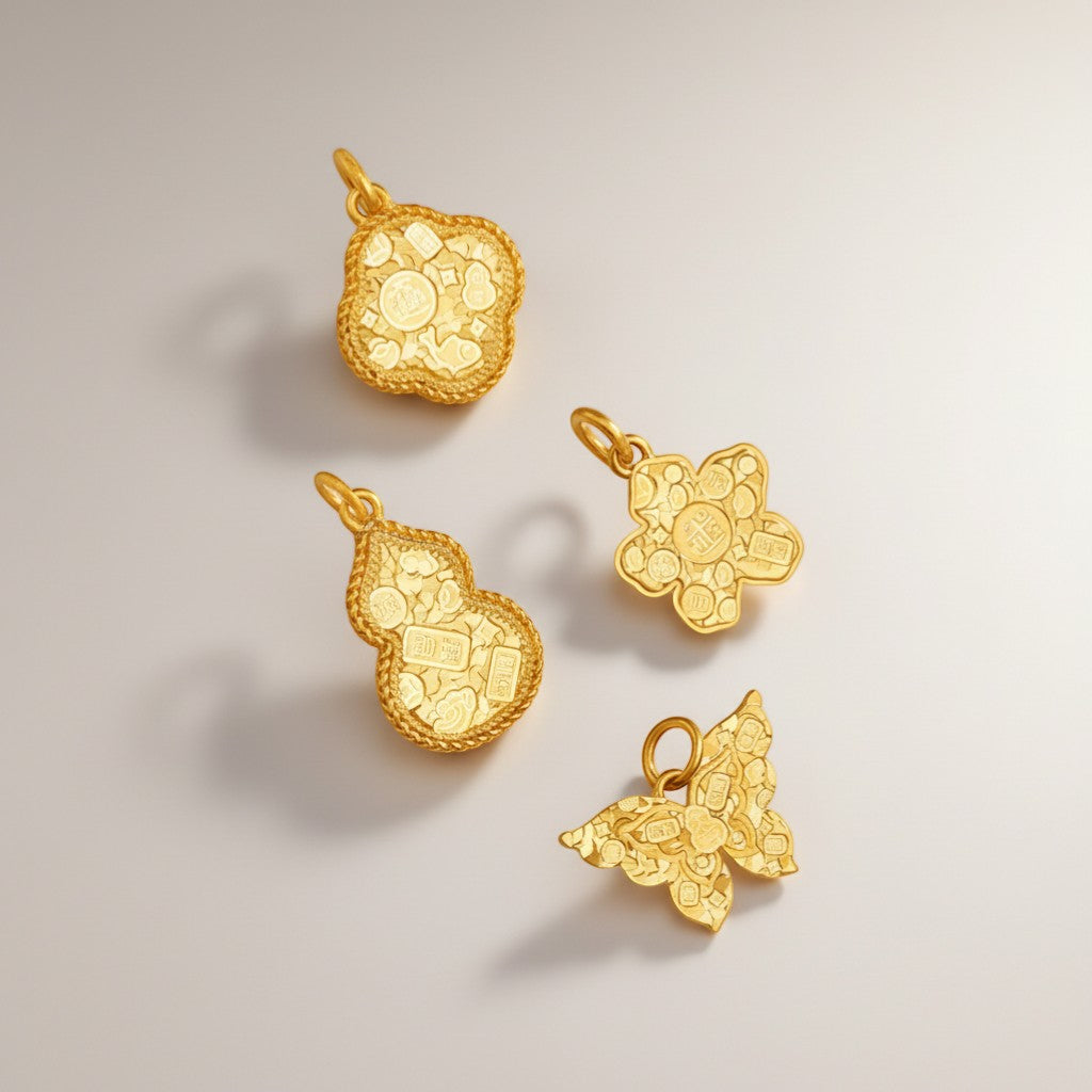 24K 5G Gold Gourd Butterfly Clover D.I.Y Charm Pendant